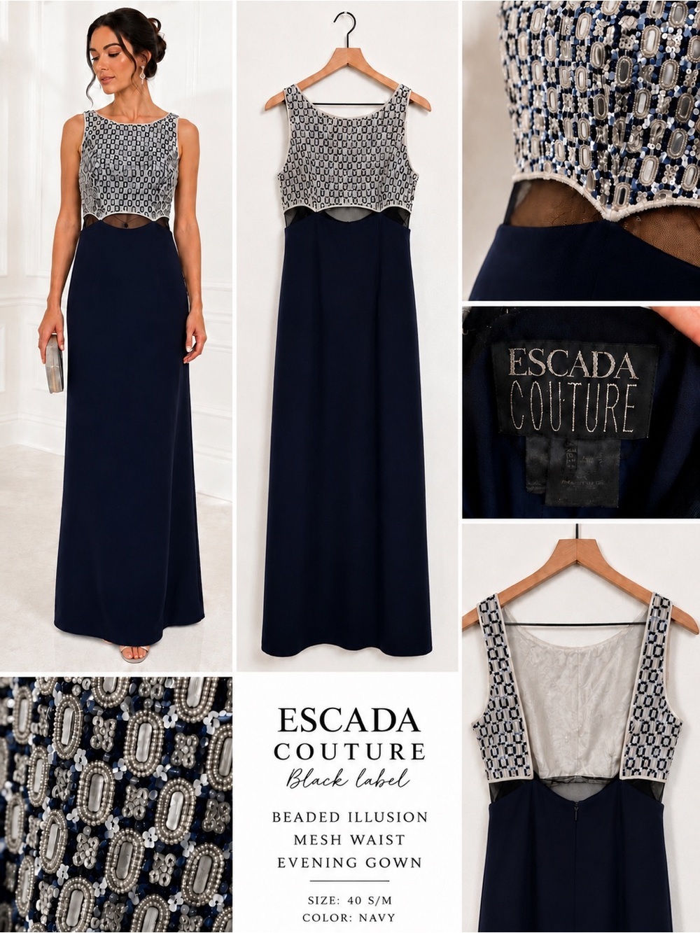 ESCADA COUTURE Beaded Navy Maxi Gown Dress Sleeveless Evening Formal Silk Dress